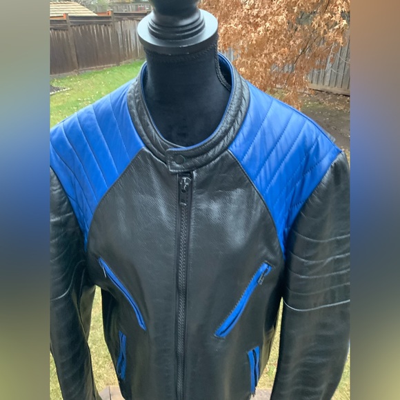 Vintage P LEATHER MONTREAL Moto MEN’S Leather Jacket Black & Blue Size Medium - Picture 2 of 16